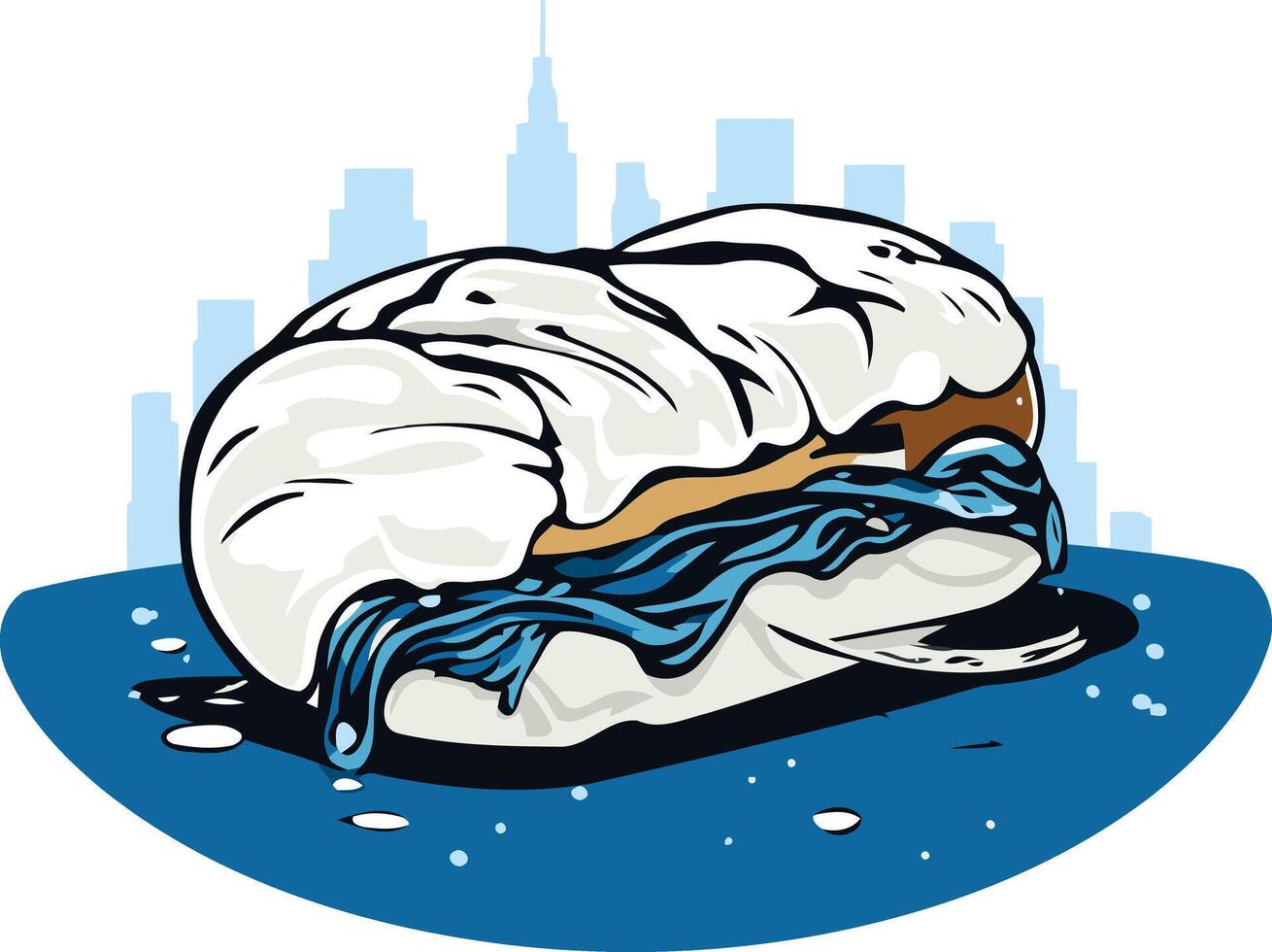 A cartoon illustration of a clam sandwich, with a city skyline in the background vector