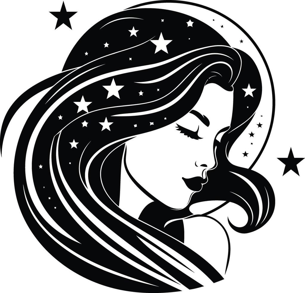 A beautiful and elegant silhouette of a woman with flowing hair adorned with stars vector