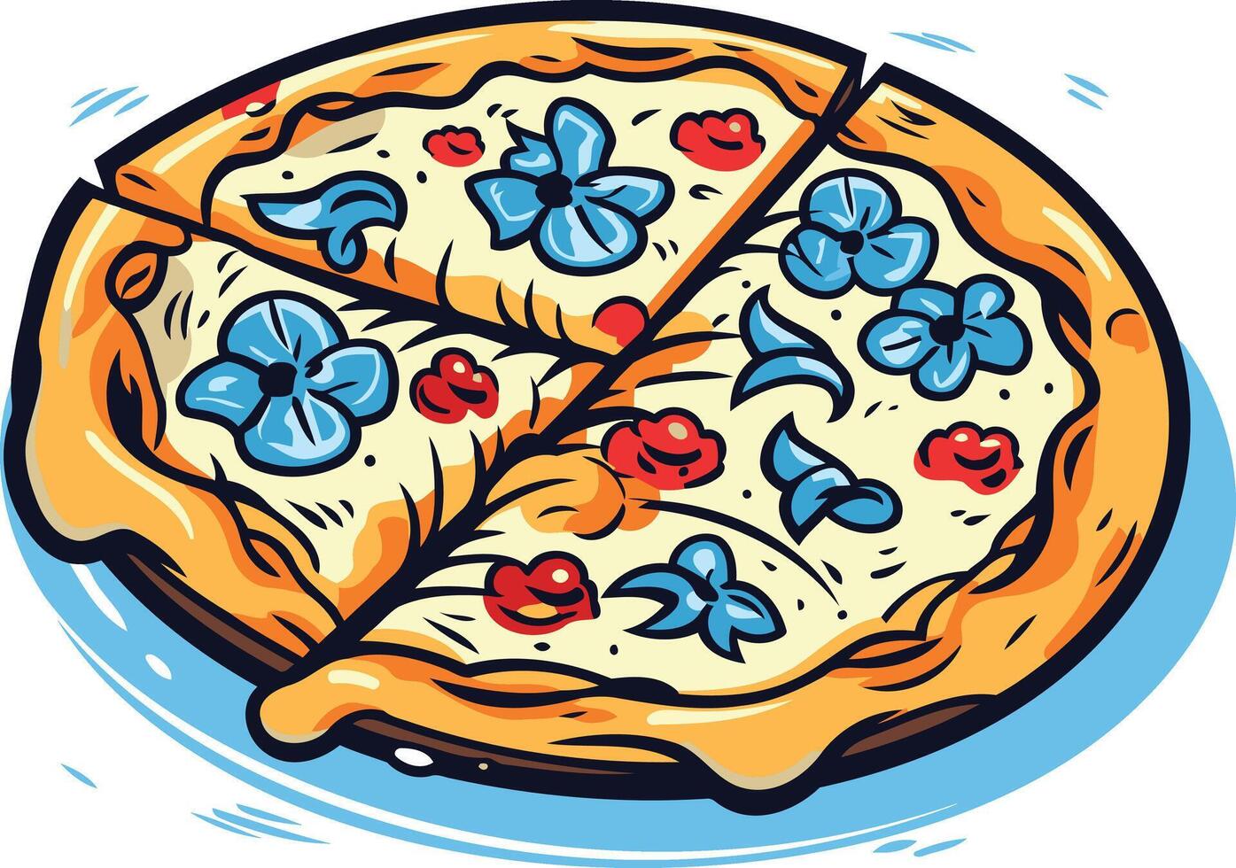 A cartoon illustration of a delicious pizza with blue flowers, red peppers, and cheese, perfect for food blogs, menus, and recipe websites vector
