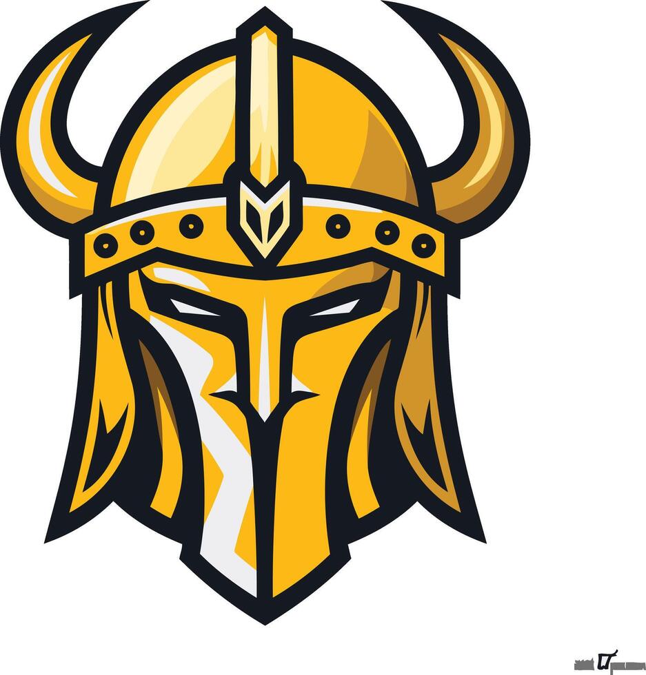 A fierce and bold warrior helmet logo design featuring a yellow and black color scheme vector