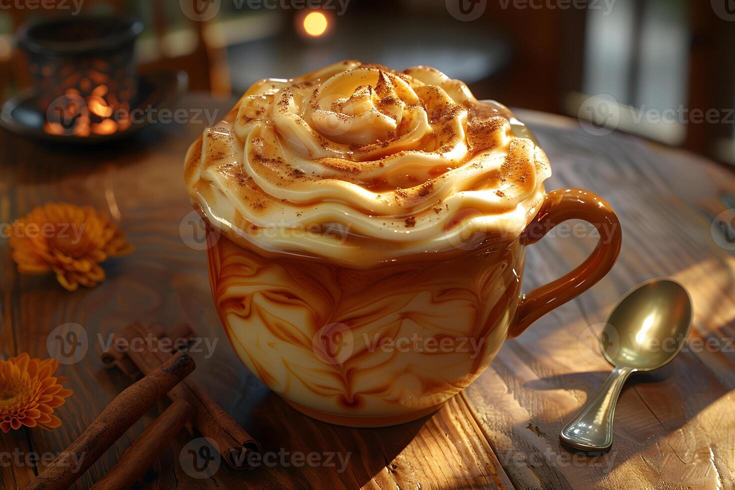 Delicious Autumn Coffee with Creamy Swirl, Cinnamon Sticks, and Marigold Flowers for Cozy Fall Evenings photo