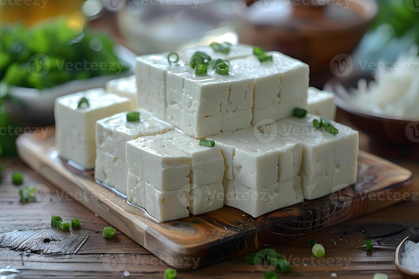 Fresh Tofu Blocks Garnished with Green Onions in a Rustic Kitchen Setting photo
