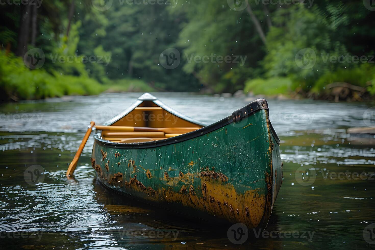 Serene River Adventure with Rustic Canoe in Tranquil Forest Setting - Perfect for Nature Trips and Outdoor Exploration photo