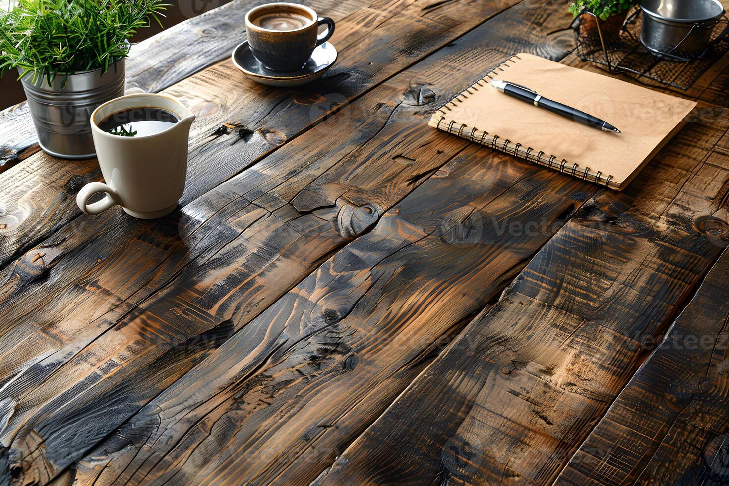 Rustic Workspace with Coffee, Notebook, Pen, and Greenery on Wooden Table - Idea for Home Office Design photo