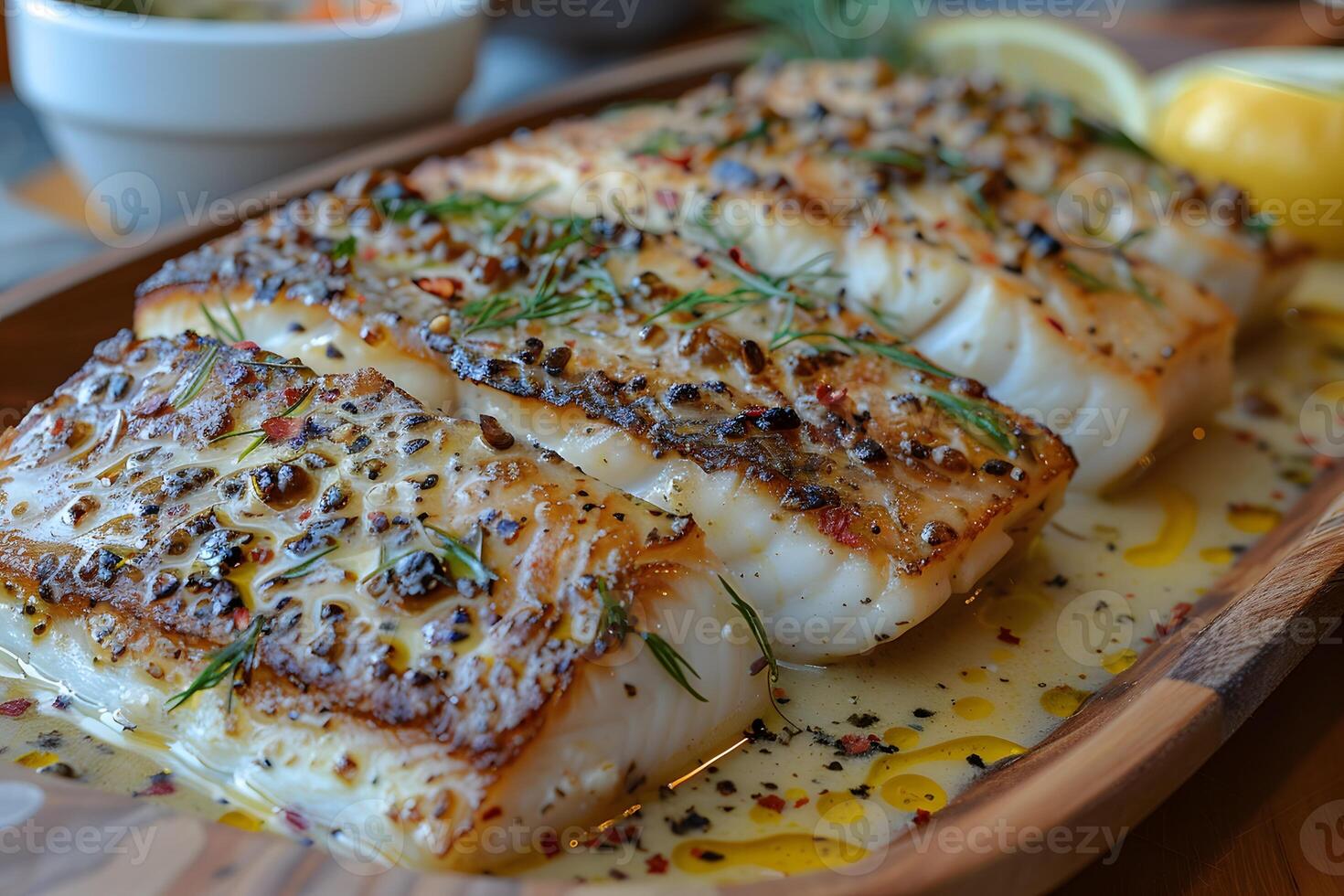 Grilled Herb-Crusted Fish Fillets with Lemon and Fresh Dill on Wooden Platter for Gourmet Dining photo
