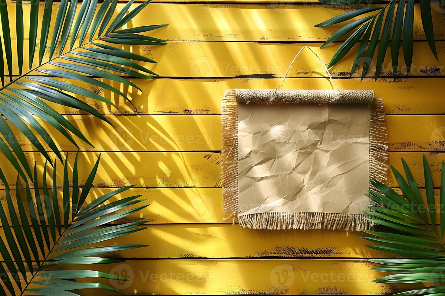 Tropical Summer Design for Posters and Invitations with Yellow Wooden Background and Palm Leaves photo