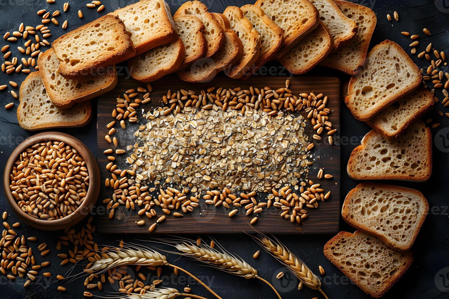 Variety of Bread Slices with Wheat Grains and Oats on Dark Rustic Background photo