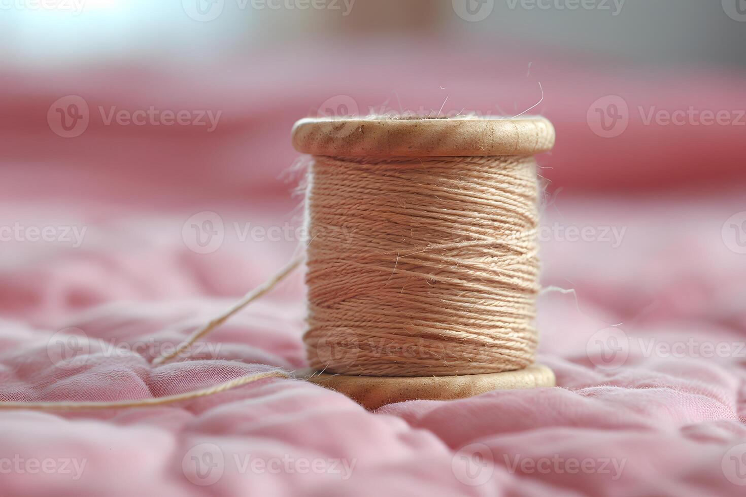 Wooden Spool of Beige Thread on Soft Pink Fabric - Craft Supplies, Sewing Project, Decor Design photo