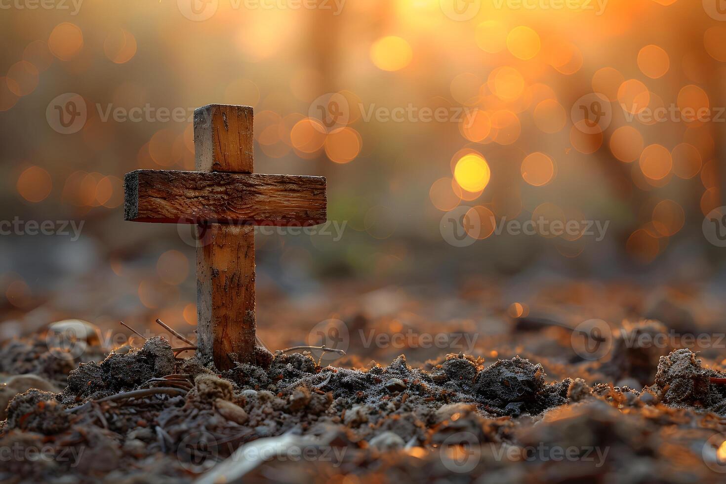 Rustic Wooden Cross in Sunset Glow - Spiritual Symbolism and Peaceful Nature Scene for Easter Reflection photo