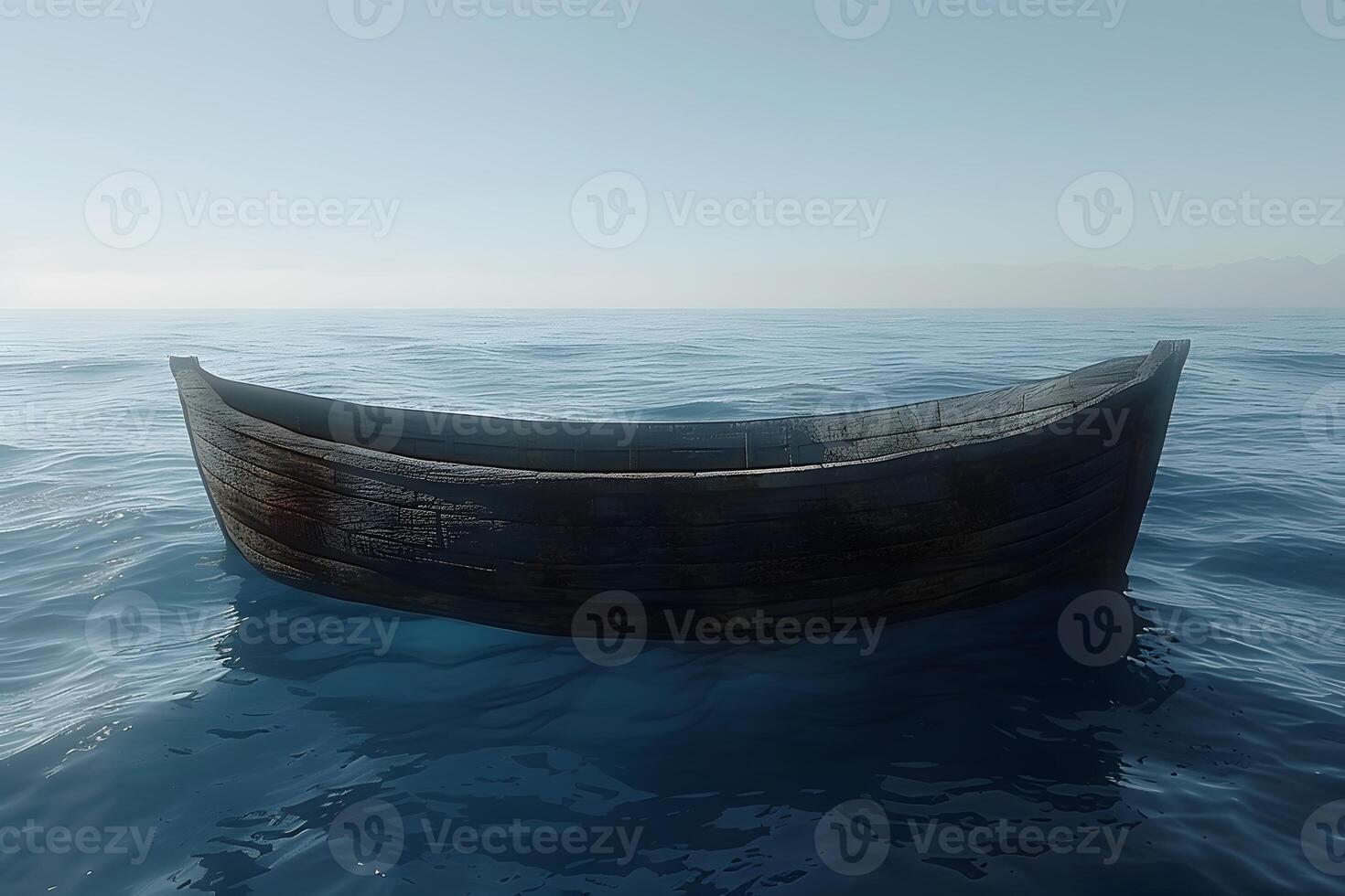 Solitary Wooden Boat in Tranquil Open Sea at Sunrise Ideal for Travel, Adventure, and Peaceful Ocean Posters photo