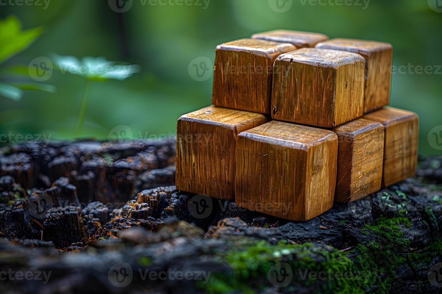 Wooden Cube Puzzle on Mossy Tree Stump in Lush Forest Setting photo