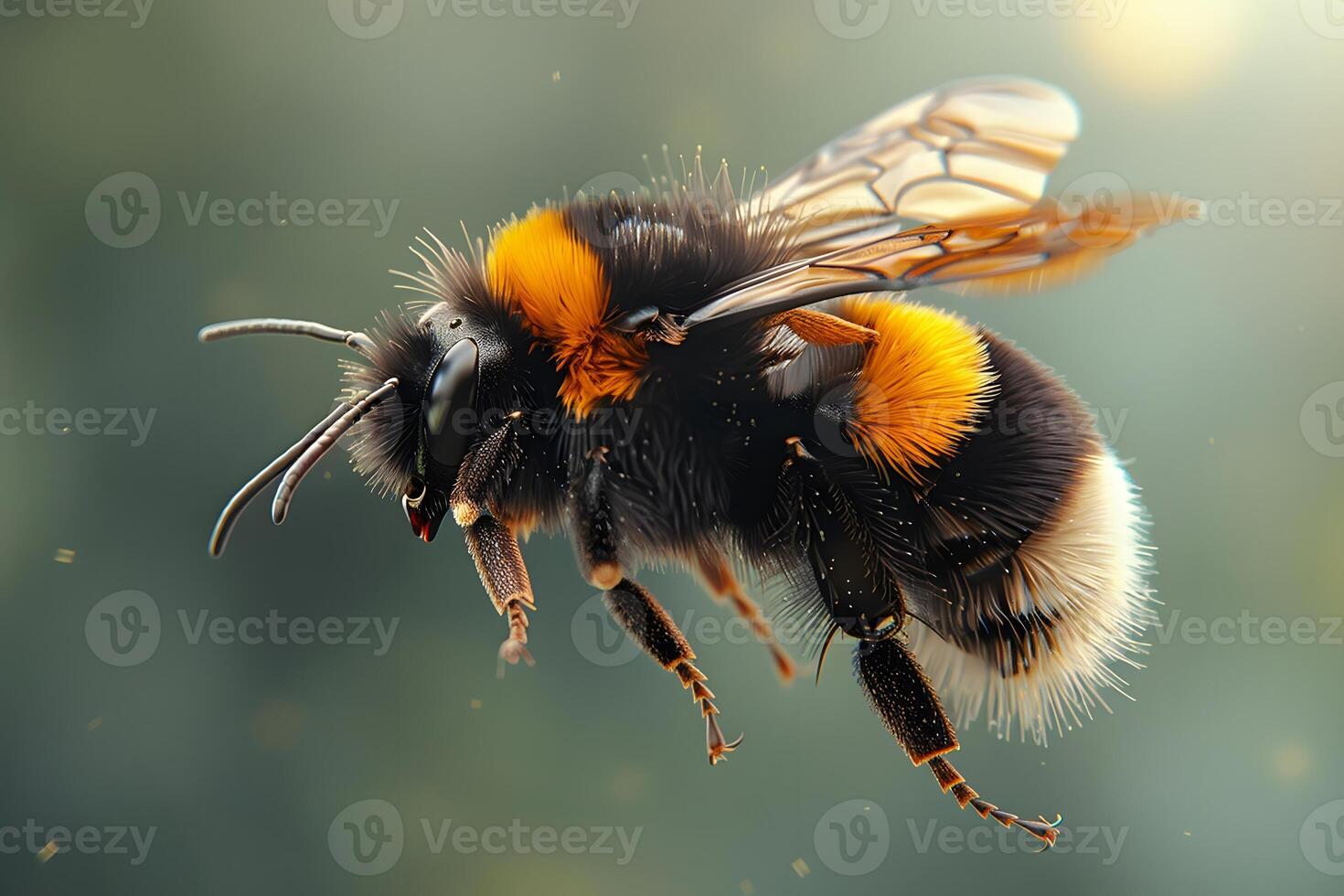 Detailed Macro Shot of Vibrant Bumblebee in Flight for Nature Photography and Educational Illustrations photo