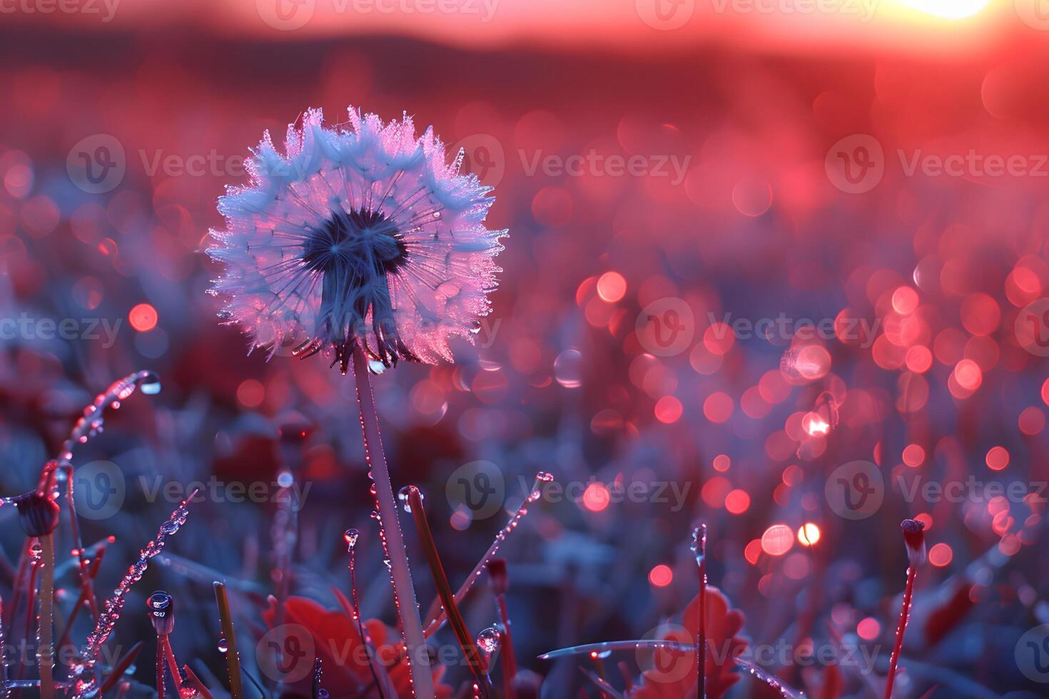 Dreamy Sunset with Dewy Dandelion and Bokeh Effect for Nature Photography and Design photo
