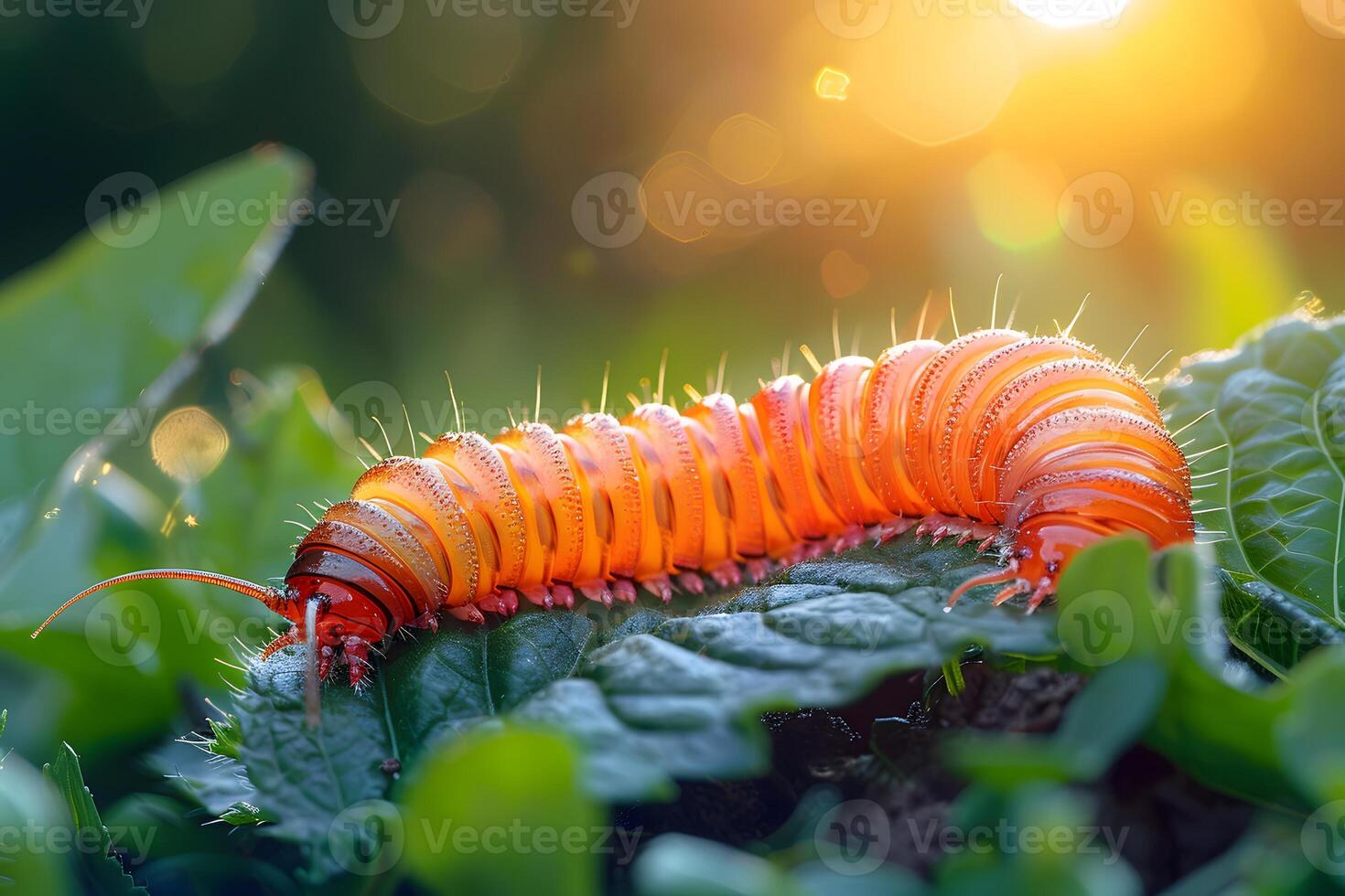 Vibrant Orange Centipede on Green Leaf in Sunlight - Nature, Wildlife, Macro Photography photo