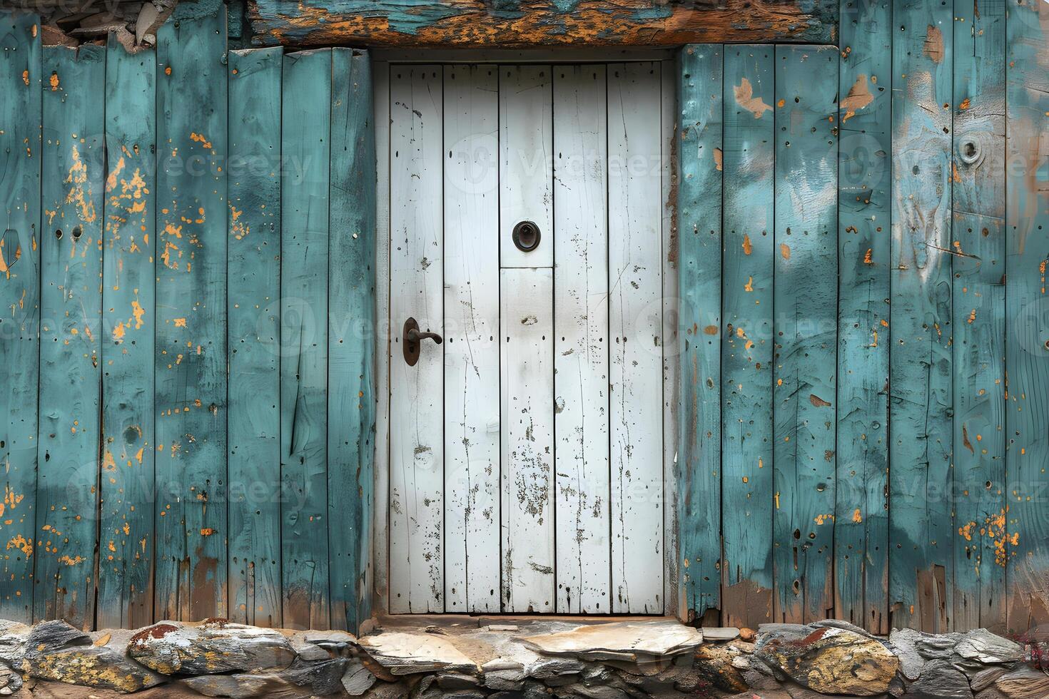 Rustic Blue Wooden Door with Weathered Paint on an Old Cabin Wall for Vintage Design Concepts photo