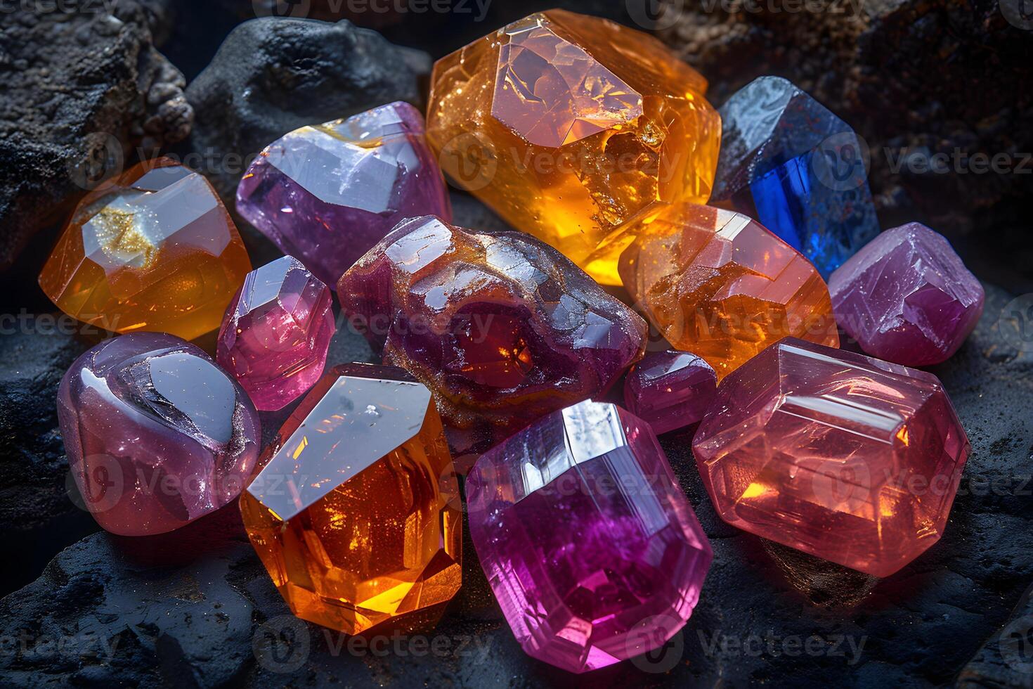 Vibrant Assorted Gemstones Glowing on Dark Rocks - Jewelry Design and Mineral Enthusiast Inspiration photo