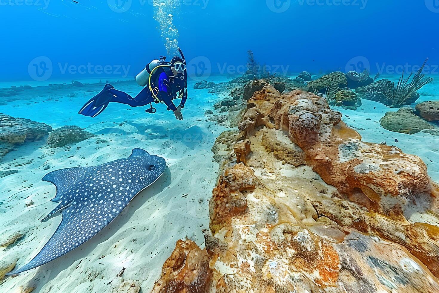 Scuba Diver Exploring Ocean Floor with Spotted Stingray Underwater Adventure Stock Photography for Travel and Marine Life Enthusiasts photo