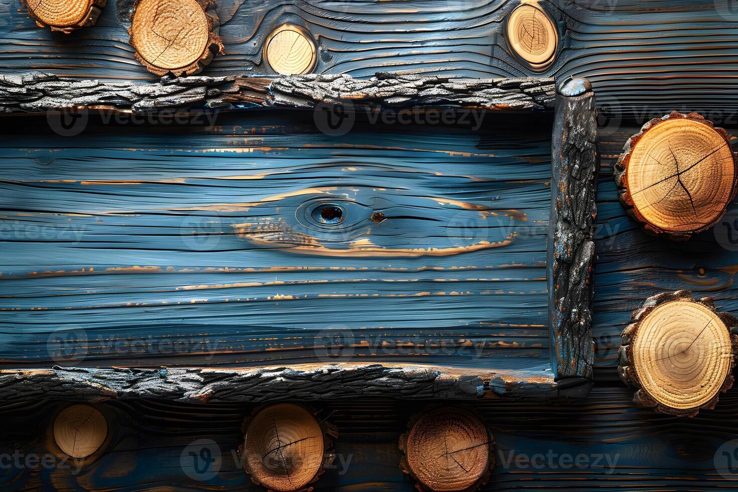 Rustic Wooden Frame with Tree Trunk Slices on Weathered Blue Wooden Background for Design, Print, Card, Poster photo
