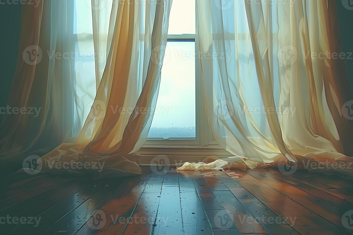 Elegant Billowing Curtains in Sunlit Room with Wooden Floor Interior Design Concept for Print, Card, Poster photo