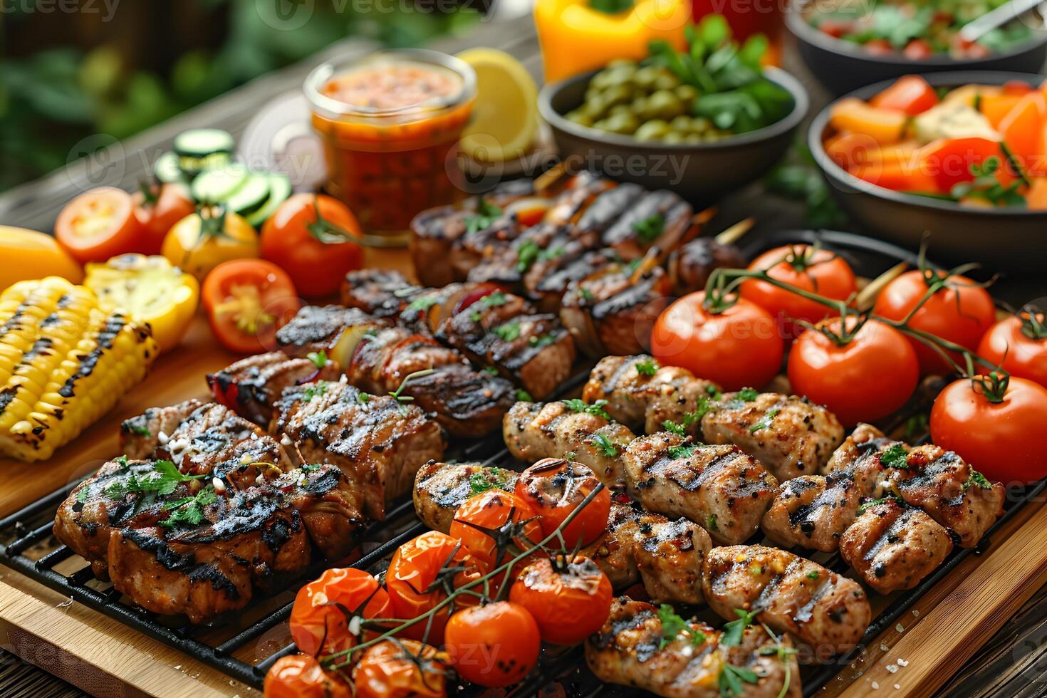 Summer Barbecue Feast with Grilled Meats, Vegetables, and Fresh Salads Ideal for Outdoor Dining and Social Gatherings photo