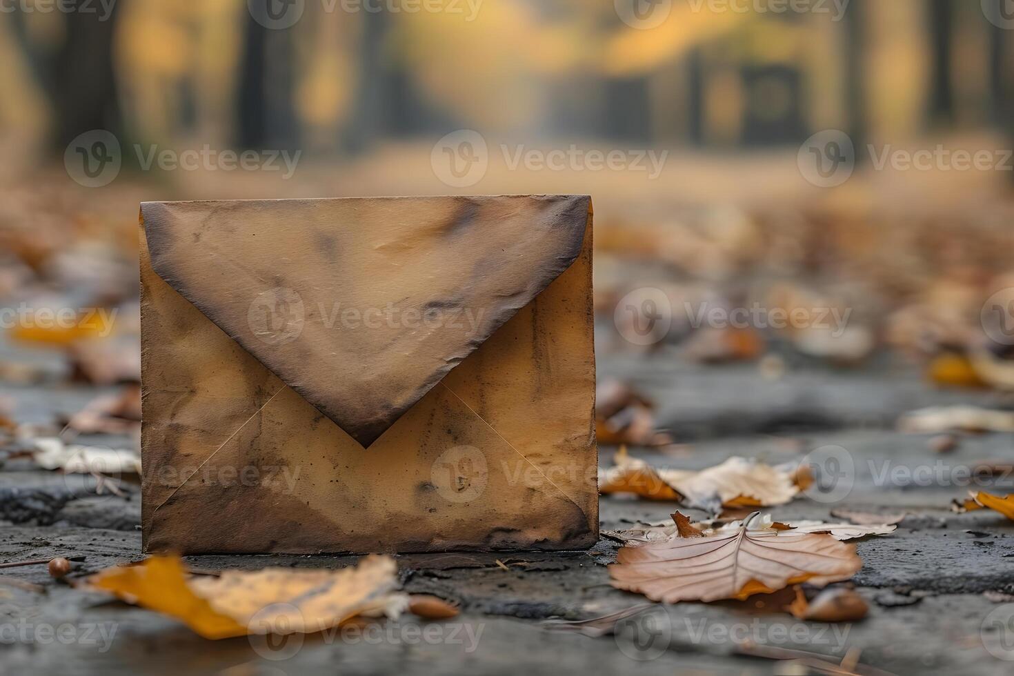 Vintage Envelope on Cobblestone Path in Autumn Forest - Nostalgic Fall Scene for Print, Card, Poster photo