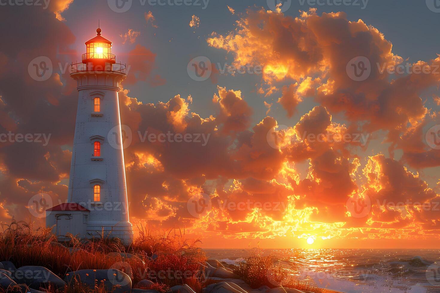 Majestic Lighthouse at Sunset Seaside Serenity and Golden Hour Beauty photo