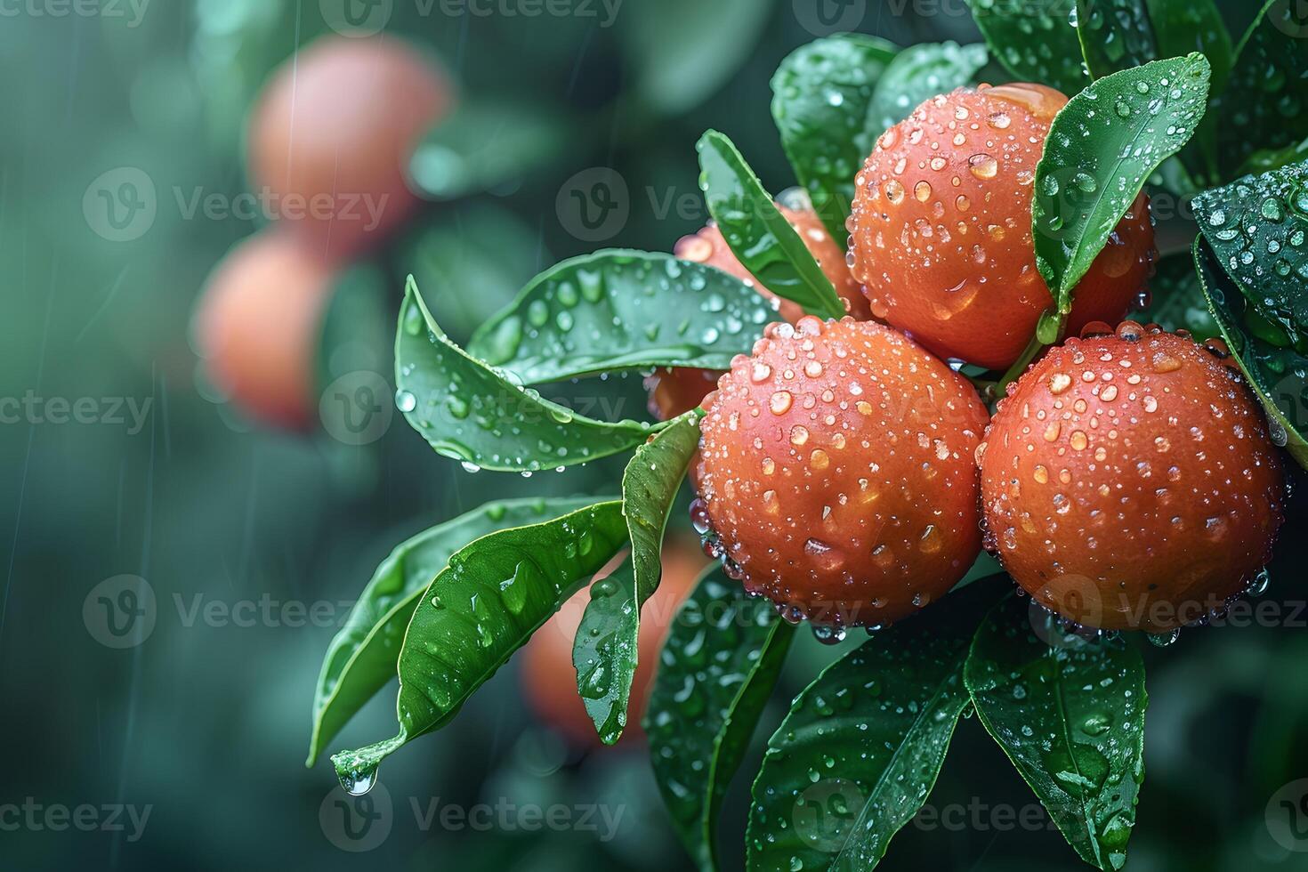 Fresh Oranges with Water Droplets on Tree Branch in a Rainy Garden - Natural Refreshing Citrus Fruit Photography photo