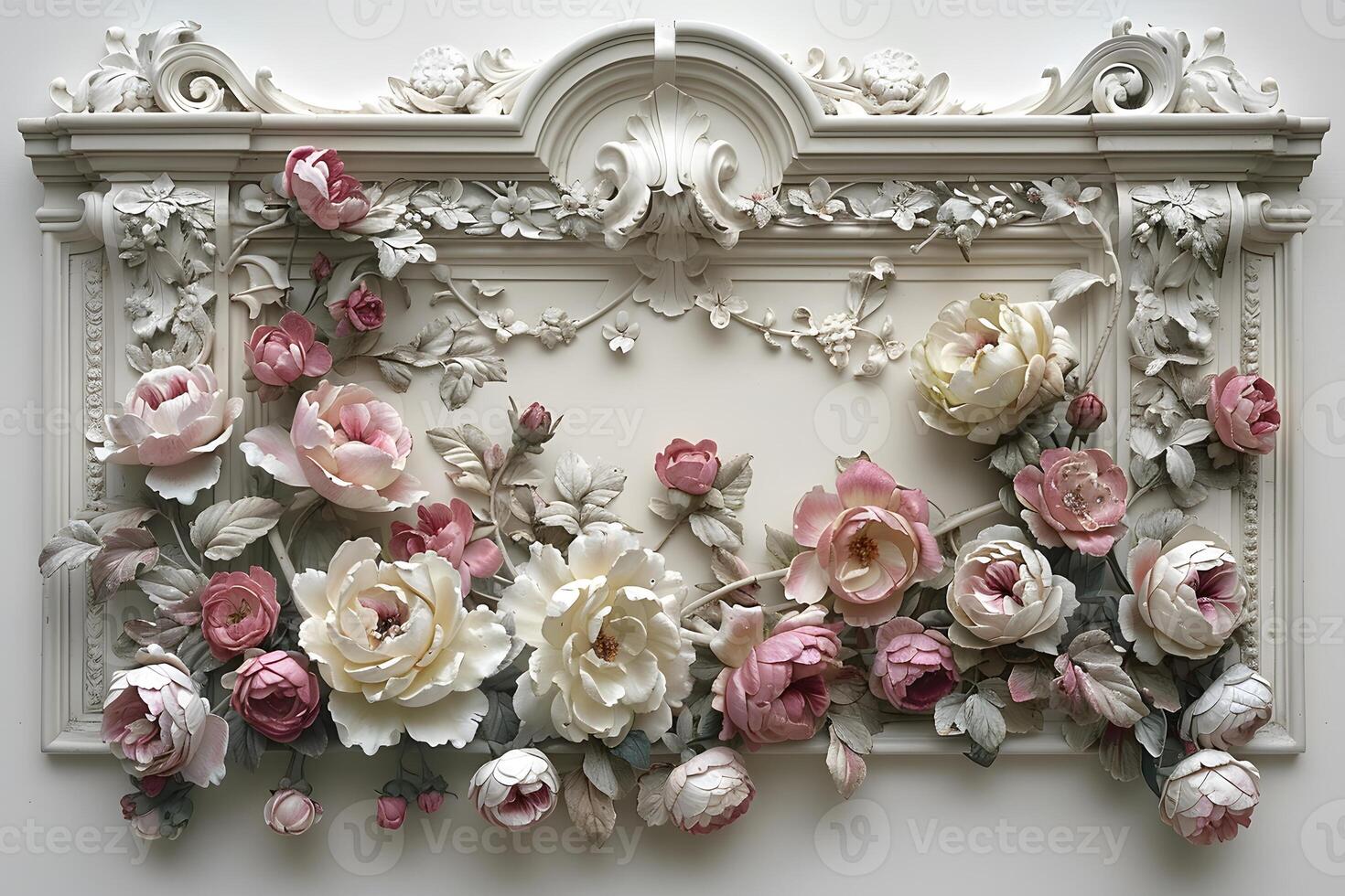 Elegant Floral Baroque Frame with White and Pink Roses for Art Decor and Design photo