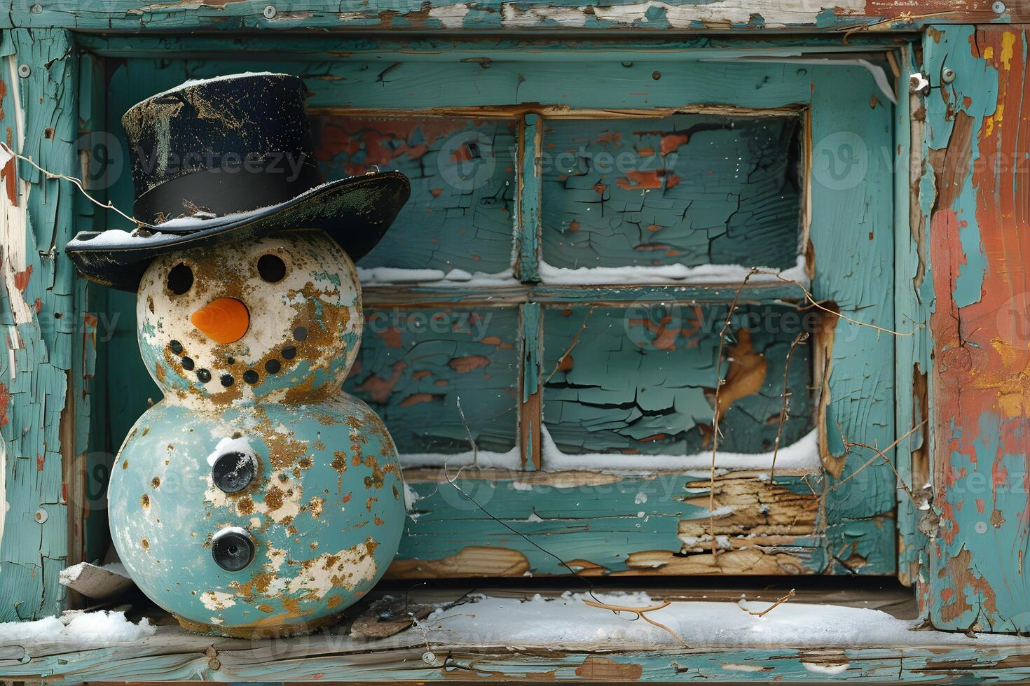 Vintage Rustic Snowman with Black Hat by Old Weathered Window - Winter Holiday Decor photo