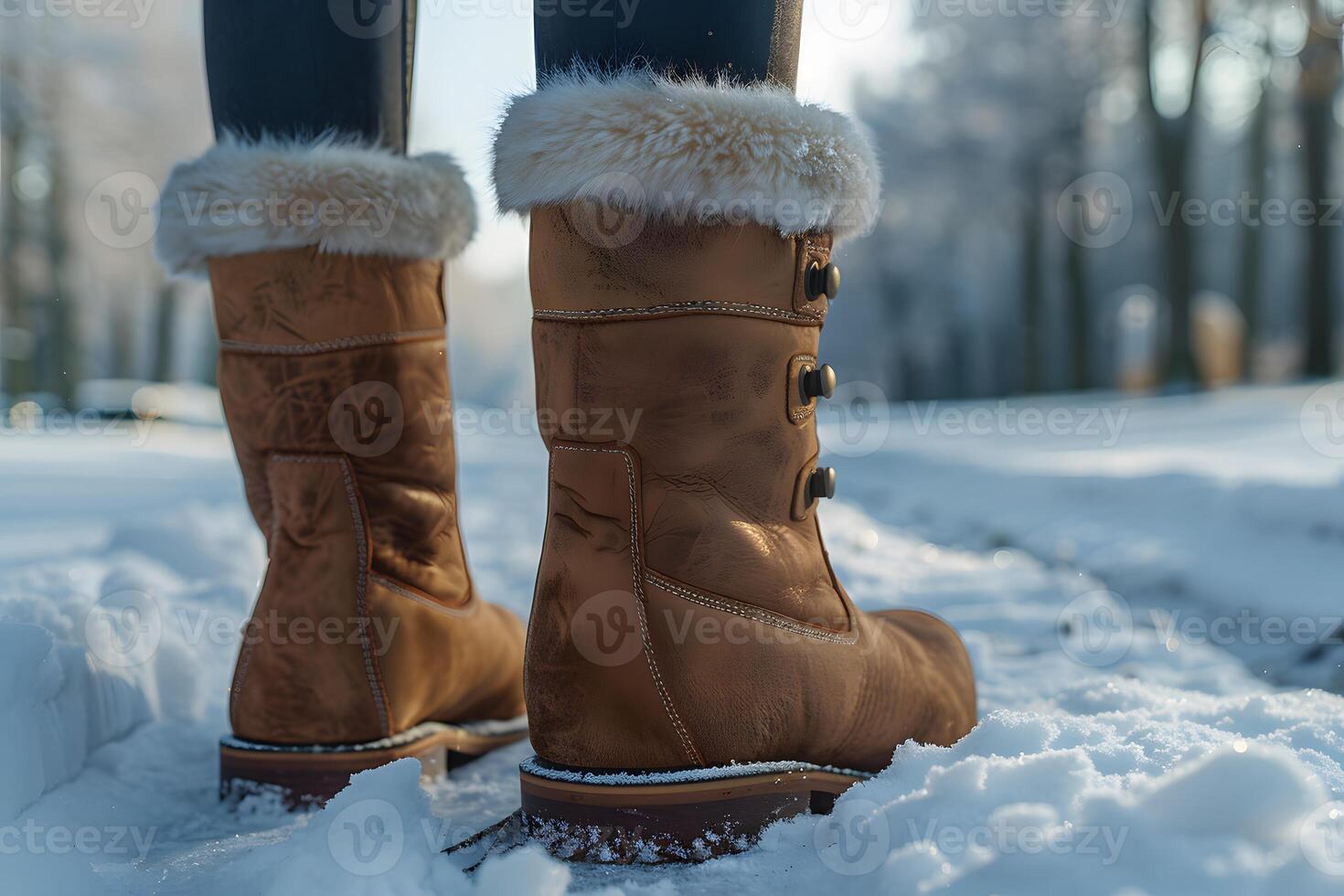 Winter Fashion Outdoor Adventure - Close-Up of Stylish Leather Boots in Snowy Landscape photo