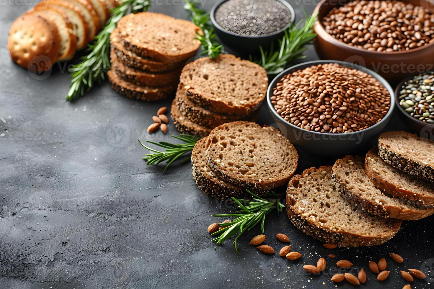 Healthy Whole Grain Bread and Seeds Spread on Rustic Slate Surface Perfect for Nutrition, Food Blogs, and Culinary Promotions photo