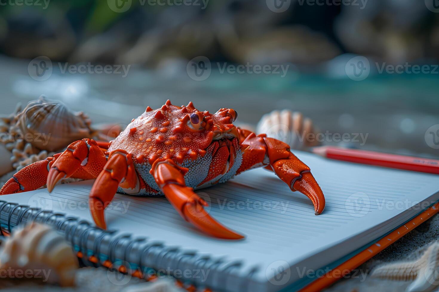 Colorful Crab on Notebook by the Beach with Seashells - Summer Vacation Concept photo