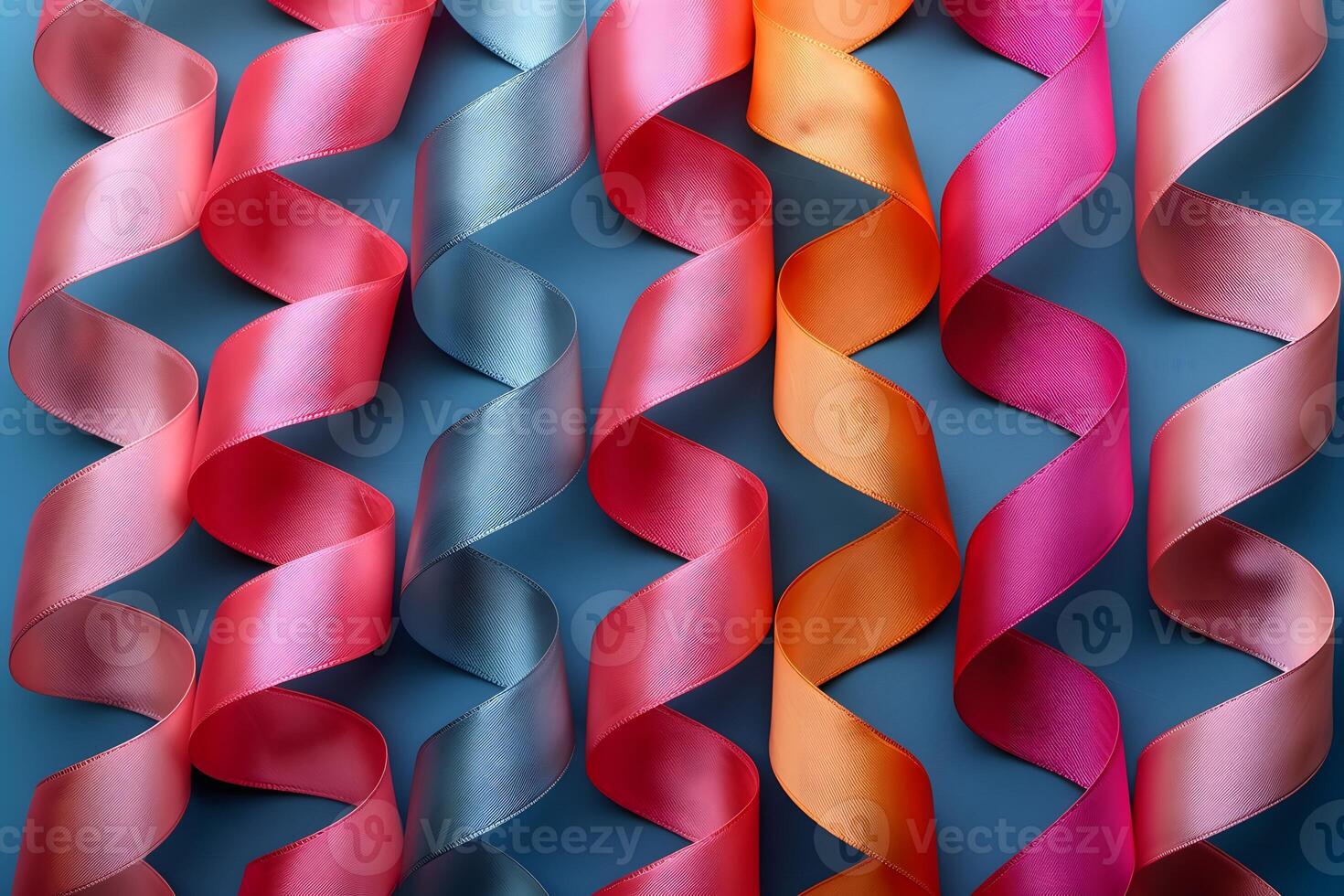 Colorful Curled Ribbons on Blue Background - Ideal for Party Decorations, Gift Wrapping, Crafts, and Creative Design Projects photo