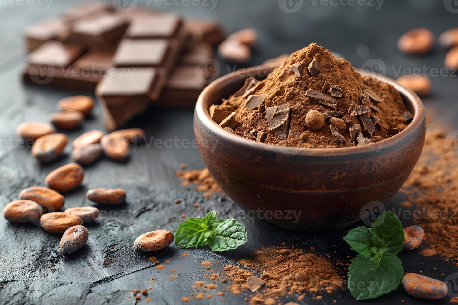 Cocoa Powder in Wooden Bowl with Cocoa Beans and Chocolate Blocks for Culinary Use photo