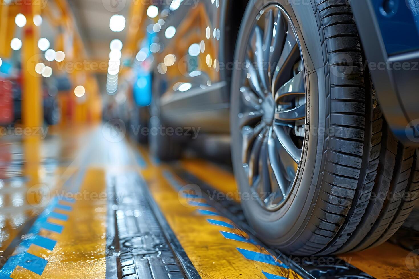 Modern Car Wheel on Assembly Line in Automated Automotive Factory - Industrial Manufacturing and Production Process photo