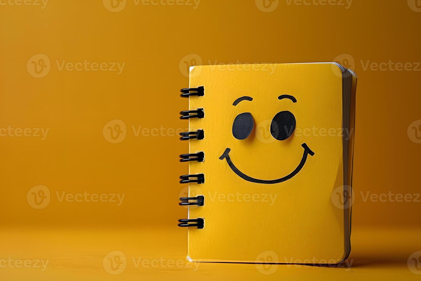 Smiley Face Notebook on Vibrant Yellow Background - Optimistic Stationery Design for School, Office, or Journaling photo