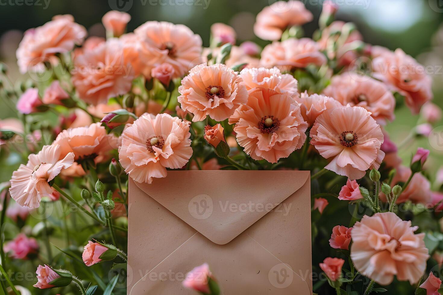 Spring Floral Greeting Design with Pink Flowers and Envelope for Cards and Posters photo