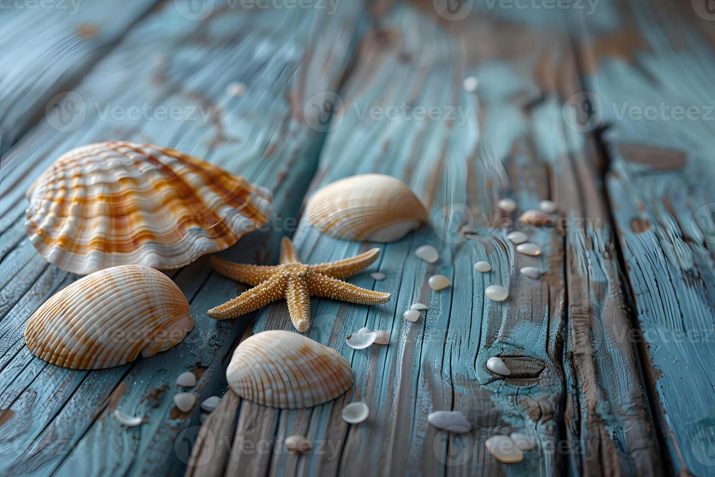 Seashells and Starfish on Weathered Wooden Deck - Coastal Decor, Nature Photography, Beach Vibes photo