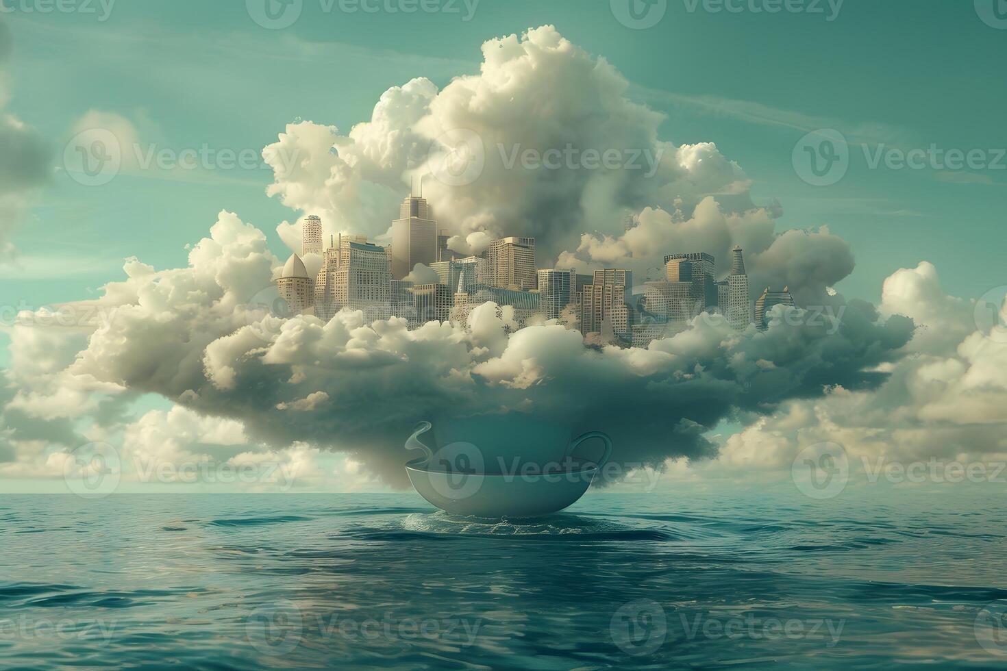 Dreamlike Cityscape in the Sky with Clouds and Floating Teacup on Ocean Horizon photo