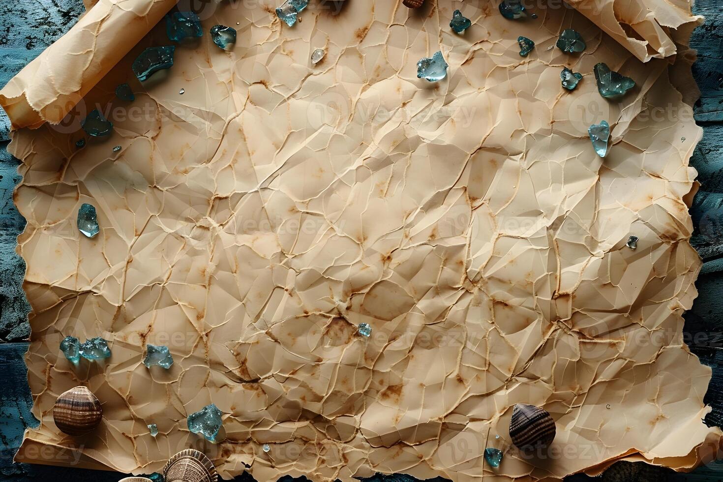 Vintage Sea-Themed Background with Torn Parchment, Seashells, and Blue Glass for Nautical Designs photo