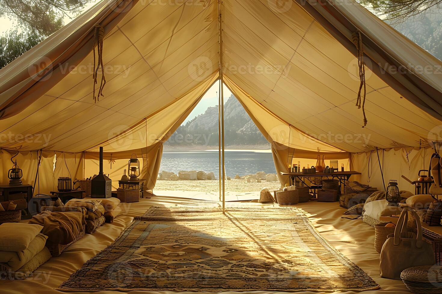 Glamping Tent on Sandy Beach with Scenic Mountain View Ideal Travel Destination for Outdoor Adventure and Relaxation photo
