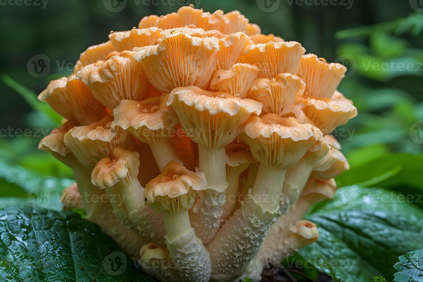 Close-up of Exotic Mushroom Cluster on Lush Green Leaf in a Forest for Nature and Botanical Design photo