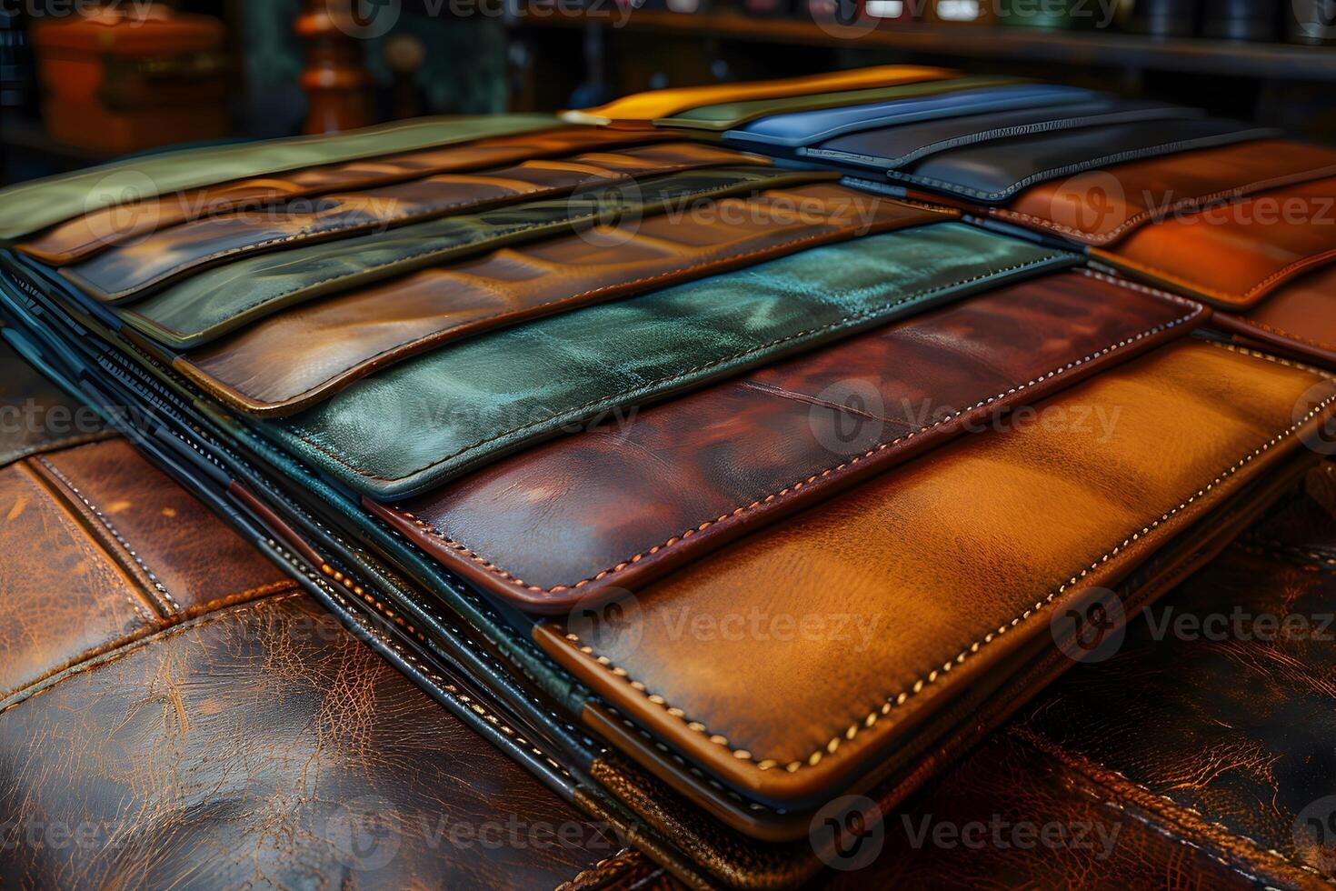Colorful Leather Wallets Display - Elegant Assorted Leather Goods for Fashion and Accessories photo