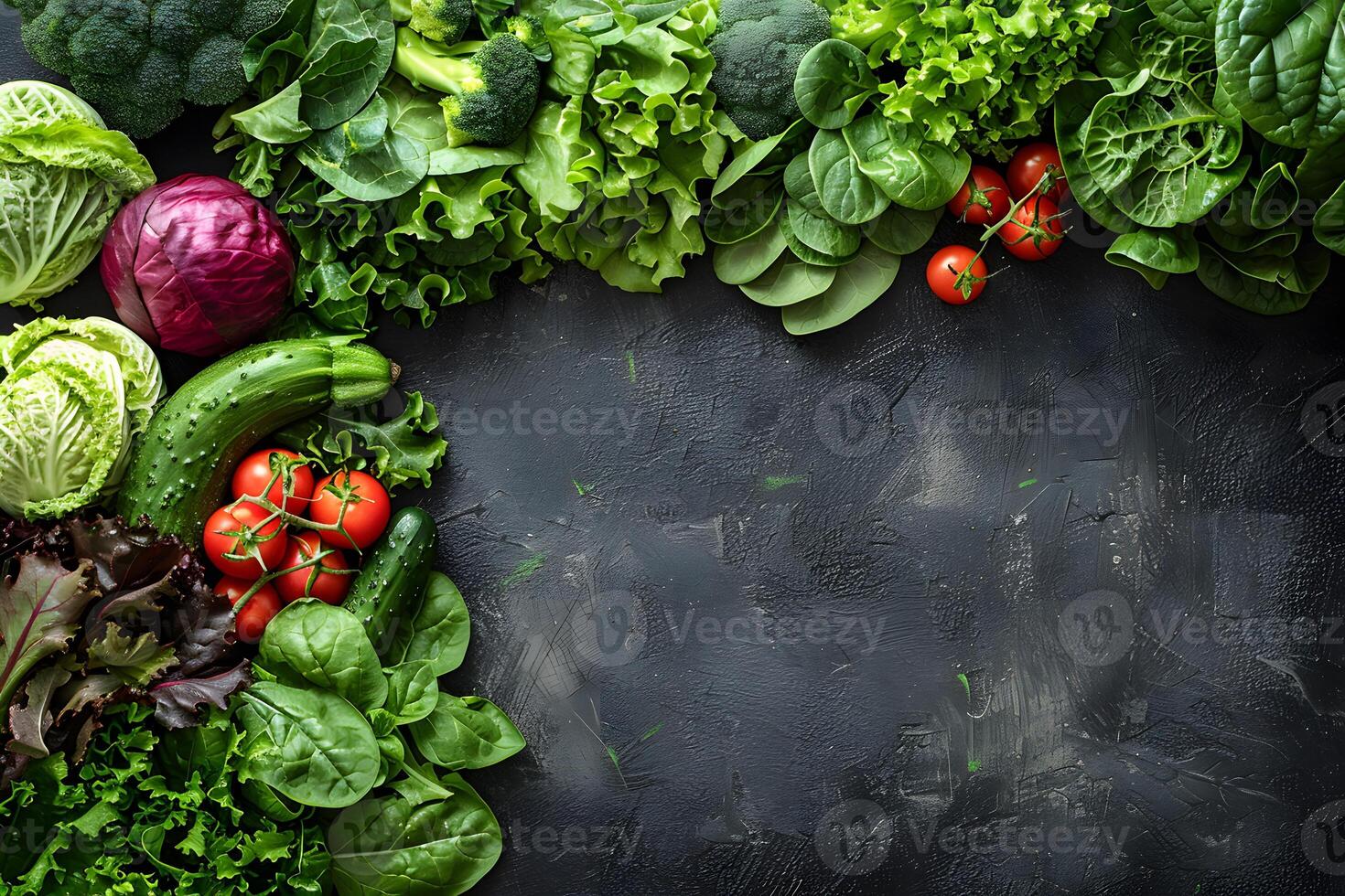Fresh Organic Vegetables Assortment on Dark Rustic Background for Healthy Eating, Nutrition Concept, Design for Card, Poster. photo