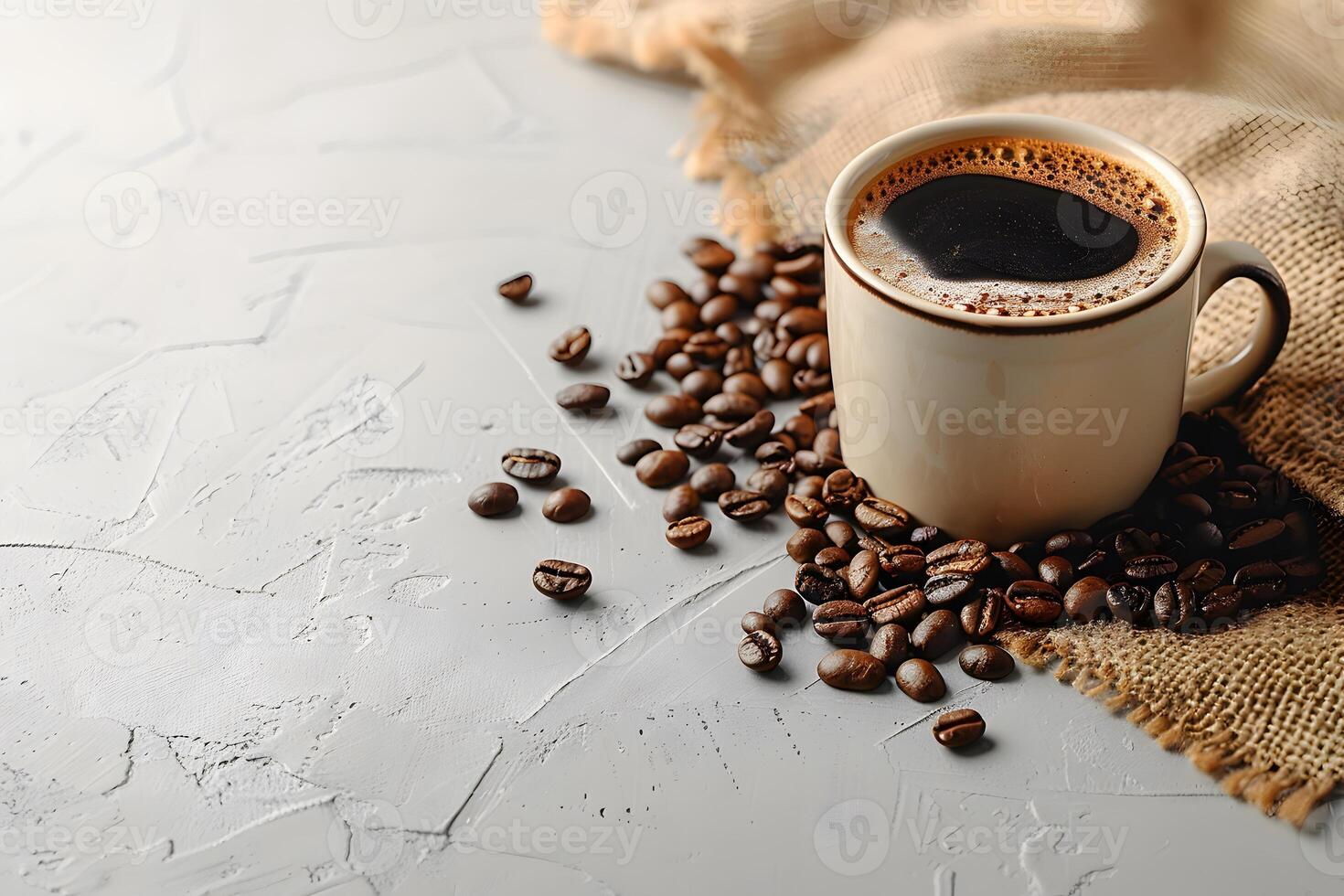 Morning Coffee Concept with Fresh Beans on Rustic Burlap Background for Cafes and Coffee Shops photo