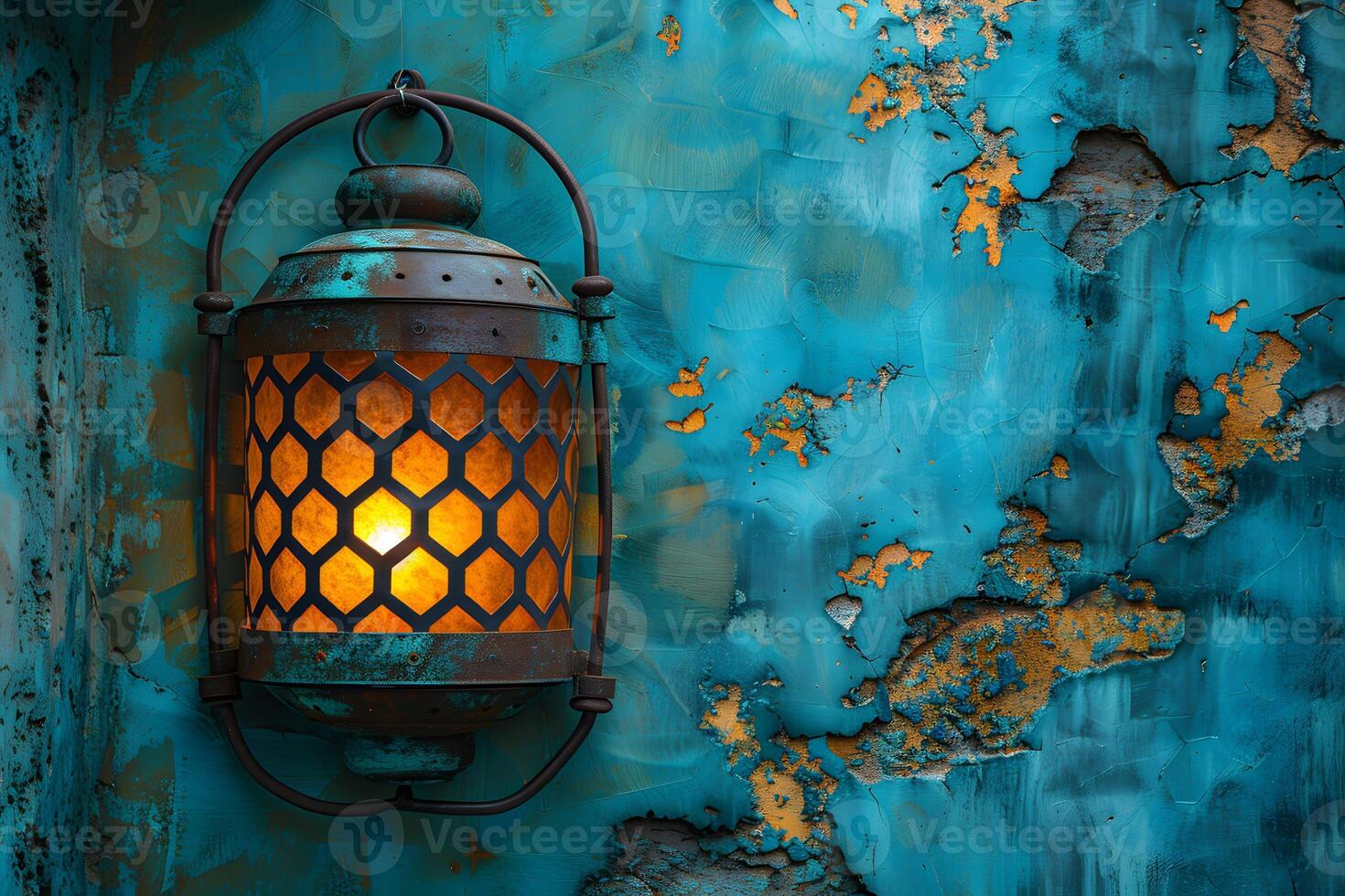 Vintage Lantern With Hexagonal Pattern on Distressed Teal Wall - Rustic Decor and Lighting photo