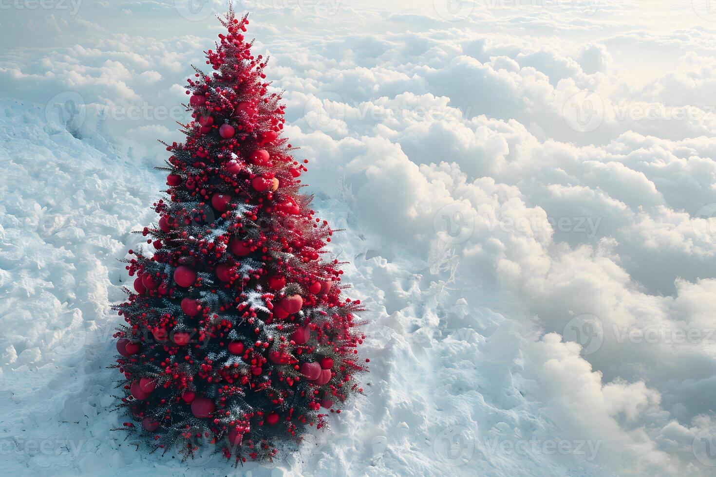 Festive Red Christmas Tree Amidst Snow and Clouds - Ideal for Holiday Design, Card, Poster photo