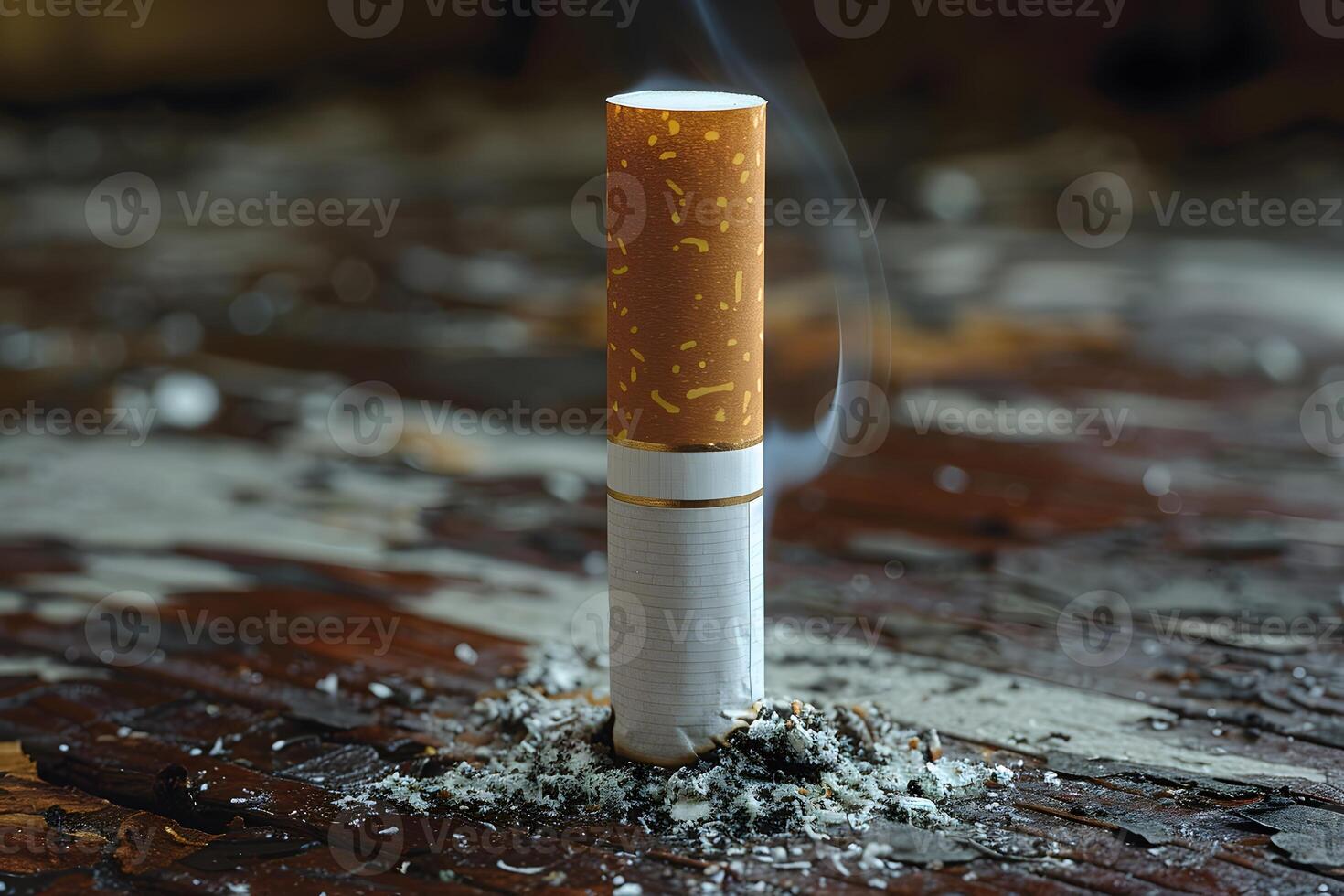 Upside Down Cigarette Standing in Ashes - Health Risk Concept for Anti-Smoking Campaign Posters photo