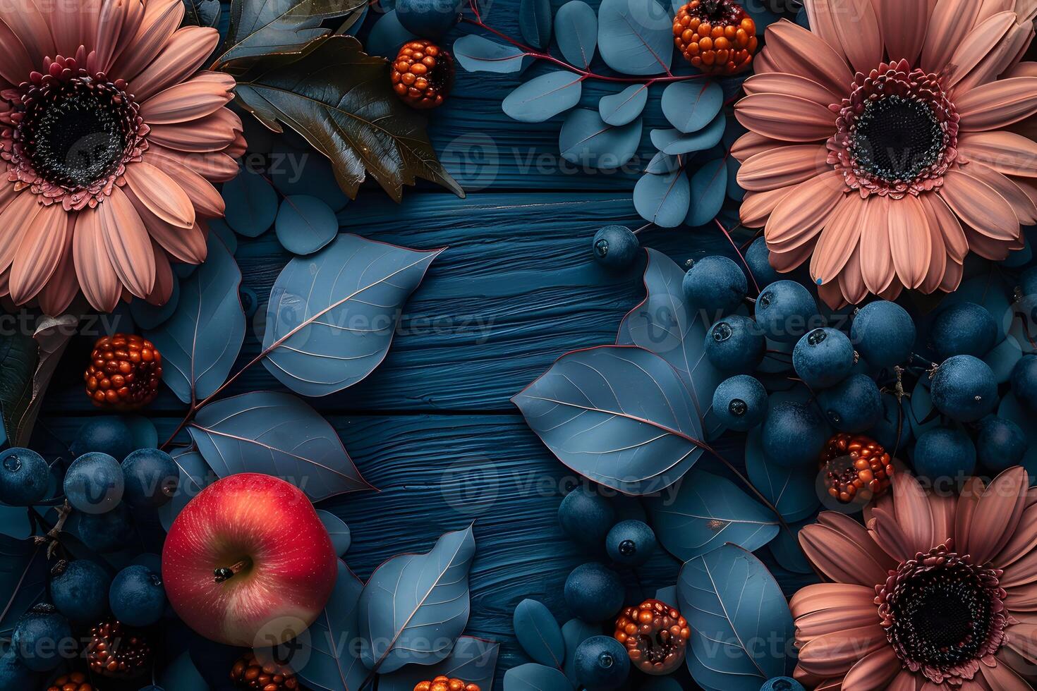 Autumn Fruits and Flowers Composition with Apple, Blueberries, and Gerbera Daisies on Wooden Background photo