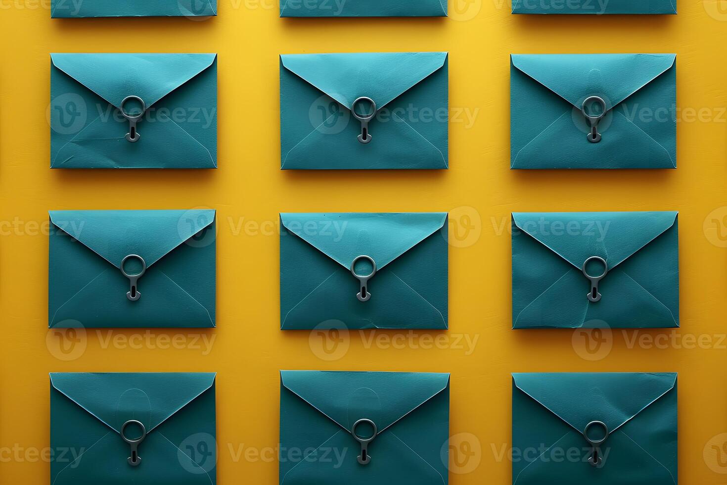 Colorful Pattern of Teal Envelopes on Yellow Background - Ideal for Design, Print, Poster, or Card photo